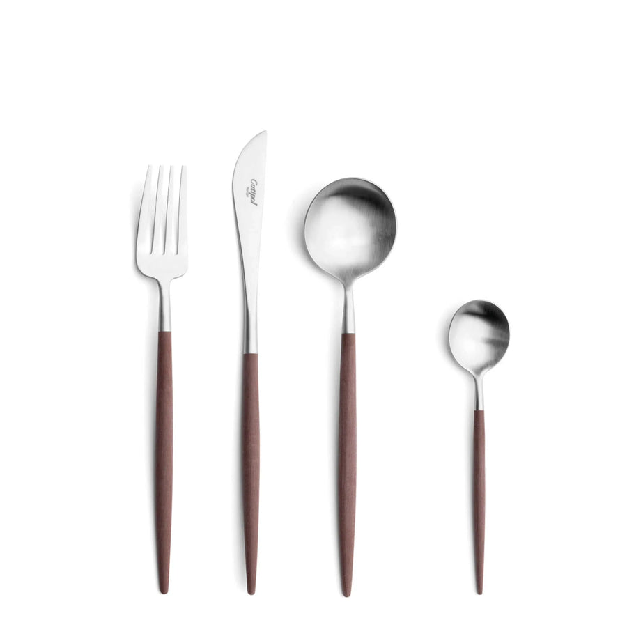 Cutipol Goa brown matt stainless steel finish, black resin handles, and minimalist design for a luxurious dining experience -  4pc set of fork, knife, table spoon and tea spoon