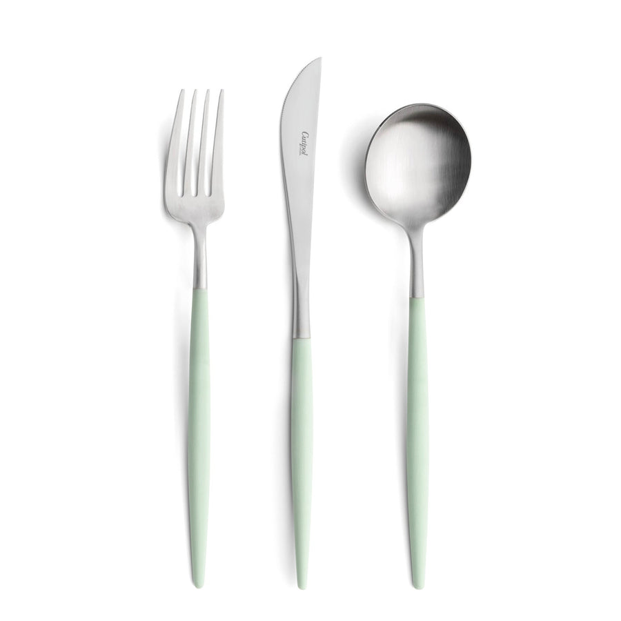 Cutipol Goa celadon matt stainless steel finish, black resin handles, and minimalist design for a luxurious dining experience -  fork, knife and table spoon