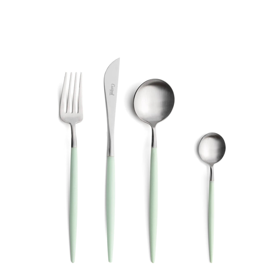 Cutipol Goa celadon matt stainless steel finish, black resin handles, and minimalist design for a luxurious dining experience -  fork, table spoon, knife and tea spoon