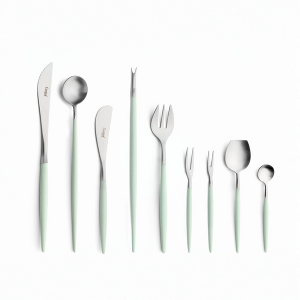 Cutipol Goa celadon matt stainless steel finish, black resin handles, and minimalist design for a luxurious dining experience - 9pc set