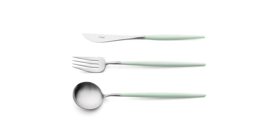 Cutipol Goa celadon matt stainless steel finish, black resin handles, and minimalist design for a luxurious dining experience -  table spoon, knife and fork