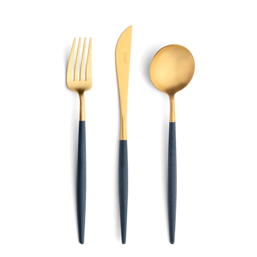 Cutipol Goa blue matt gold finish, black resin handles, and minimalist design for a luxurious dining experience - on a white background  3pc table set of fork, knife and spoon