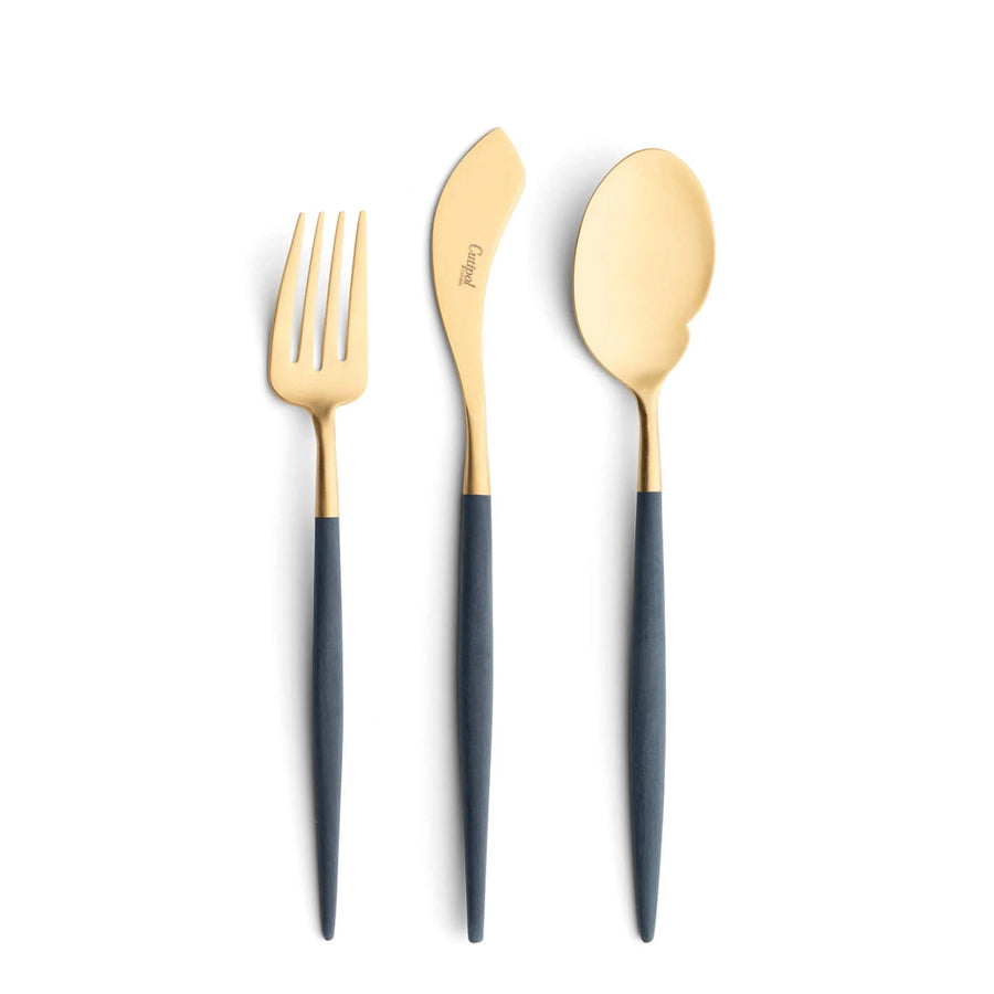 Cutipol Goa blue matt gold finish, black resin handles, and minimalist design for a luxurious dining experience - on a white background  3pcs server set
