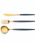 Cutipol Goa blue matt gold finish, black resin handles, and minimalist design for a luxurious dining experience - on a white background 3 pc table set of spoon, fork and knife