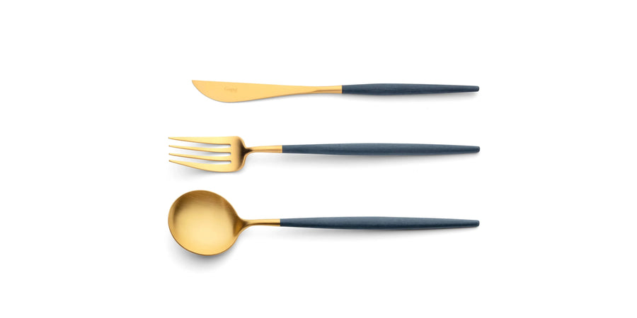 Cutipol Goa blue matt gold finish, black resin handles, and minimalist design for a luxurious dining experience - on a white background  3 pc table set of spoon, fork and knife