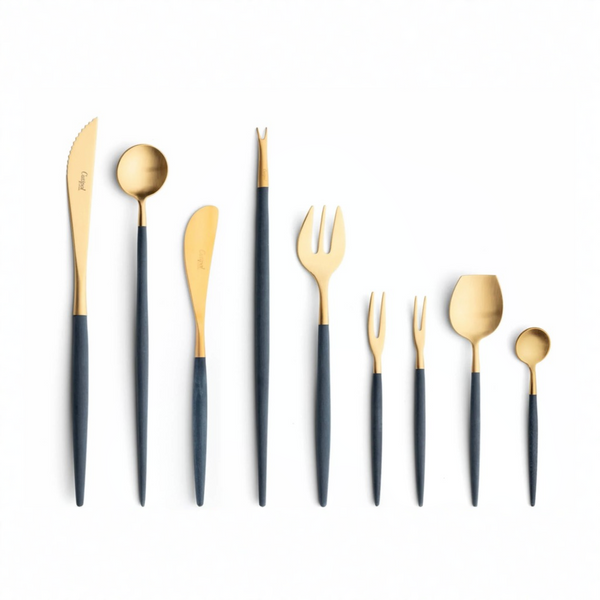 Cutipol Goa blue matt gold finish, black resin handles, and minimalist design for a luxurious dining experience - on a white background 9pc set