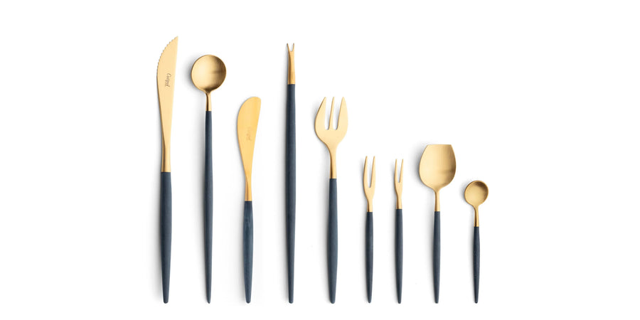 Cutipol Goa blue matt gold finish, black resin handles, and minimalist design for a luxurious dining experience - on a white background  9pc set