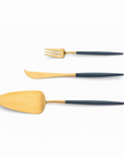 Cutipol Goa blue matt gold finish, black resin handles, and minimalist design for a luxurious dining experience - on a white background 3pcs desserts set