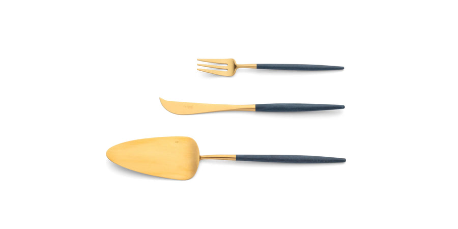Cutipol Goa blue matt gold finish, black resin handles, and minimalist design for a luxurious dining experience - on a white background 3pcs desserts set