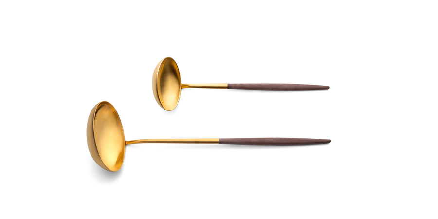 Cutipol Goa blue matt brown finish, black resin handles, and minimalist design for a luxurious dining experience - on a white background  2pc spoon servers