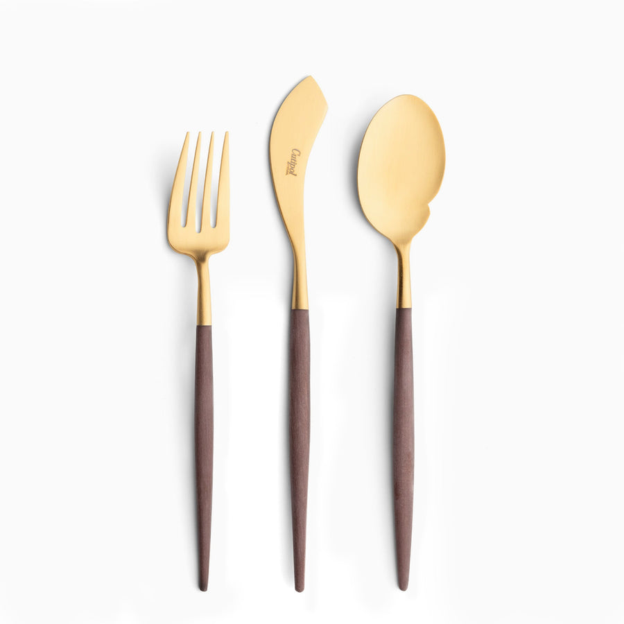 Cutipol Goa blue matt brown finish, black resin handles, and minimalist design for a luxurious dining experience - on a white background  3 pcs server set