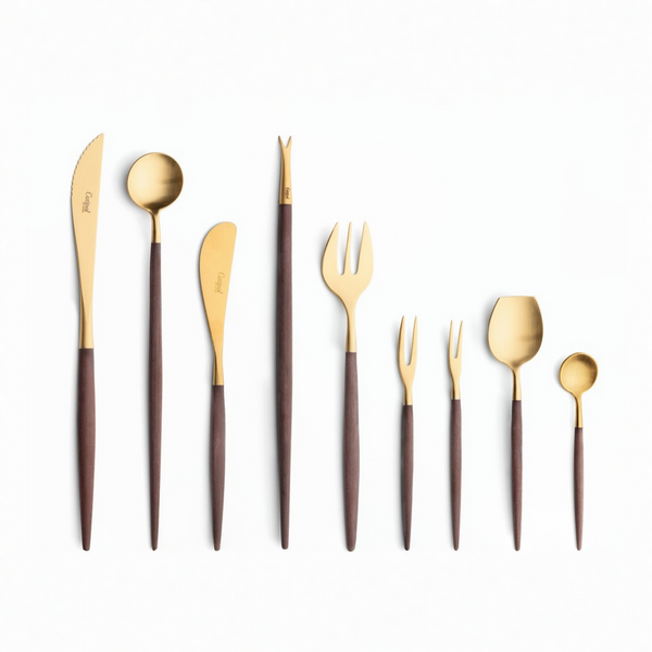 Cutipol Goa blue matt brown finish, black resin handles, and minimalist design for a luxurious dining experience - on a white background 9pc set