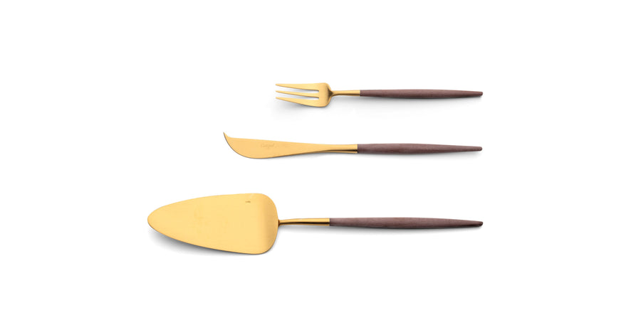Cutipol Goa blue matt brown finish, black resin handles, and minimalist design for a luxurious dining experience - on a white background  3pc dessert servers