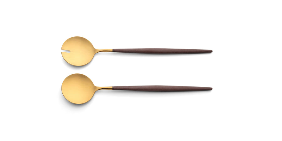 Cutipol Goa blue matt brown finish, black resin handles, and minimalist design for a luxurious dining experience - on a white background  2pc salad servers