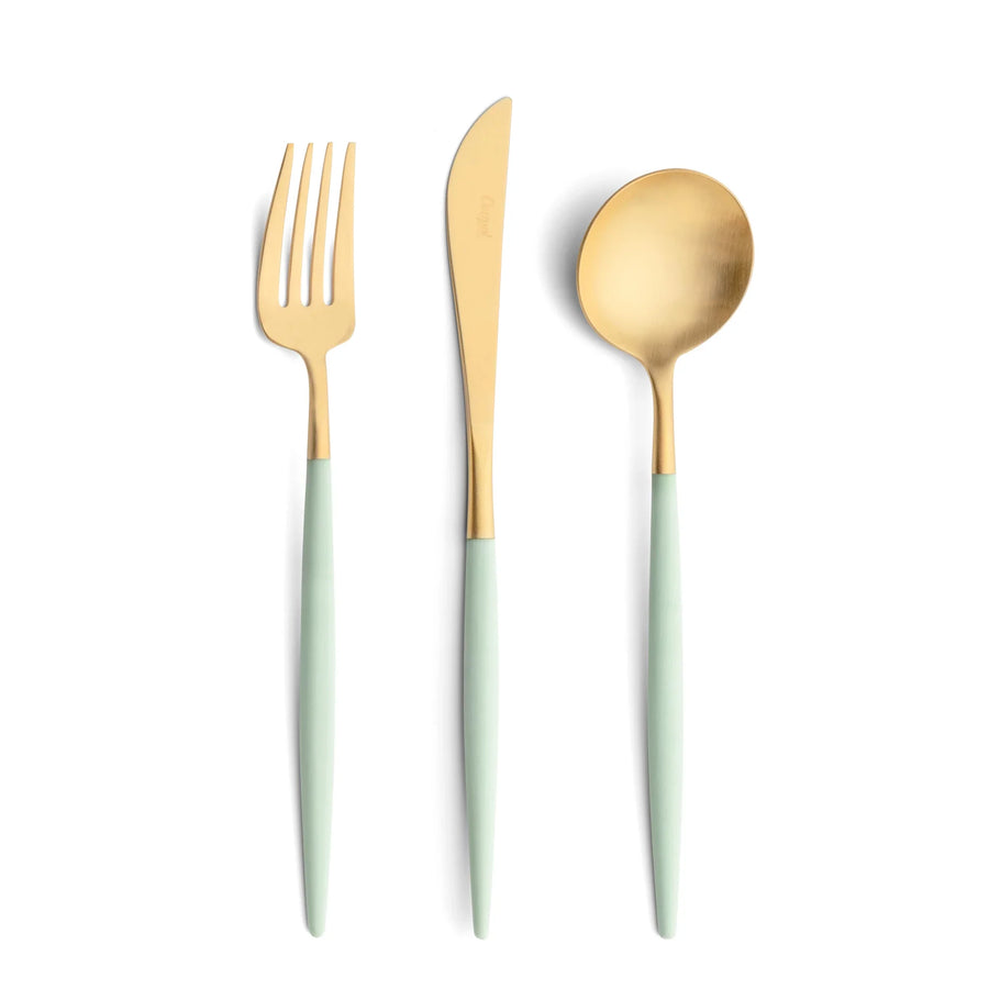 Cutipol Goa blue matt celadon finish, black resin handles, and minimalist design for a luxurious dining experience - on a white background  3pc table set of fork, knife and spoon