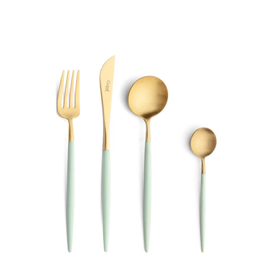 Cutipol Goa blue matt celadon finish, black resin handles, and minimalist design for a luxurious dining experience - on a white background  4pc set of table fork, knife, spoon and tea spoon
