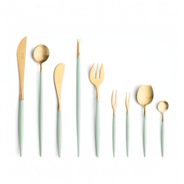 Cutipol Goa blue matt celadon finish, black resin handles, and minimalist design for a luxurious dining experience - on a white background 9pc set
