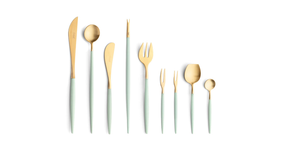 Cutipol Goa blue matt celadon finish, black resin handles, and minimalist design for a luxurious dining experience - on a white background  9pc set
