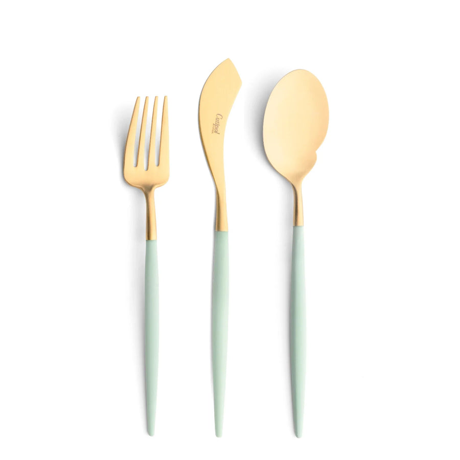 Cutipol Goa blue matt celadon finish, black resin handles, and minimalist design for a luxurious dining experience - on a white background  3pc servers set