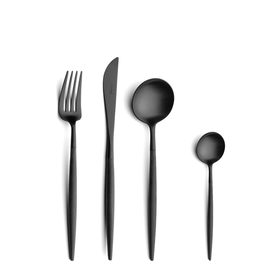 Cutipol Goa All Black Cutlery Set featuring round silhouettes, black resin handles, and stainless steel for a minimalist and elegant dining experience -  4 pcs set