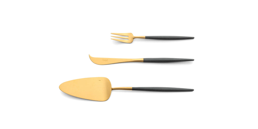 Cutipol Goa grey matt celadon finish, black resin handles, and minimalist design for a luxurious dining experience - on a white background  3pc Dessert Servers