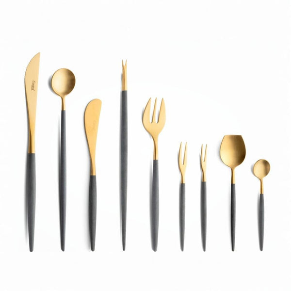 Cutipol Goa grey matt celadon finish, black resin handles, and minimalist design for a luxurious dining experience - on a white background 9 pcs set