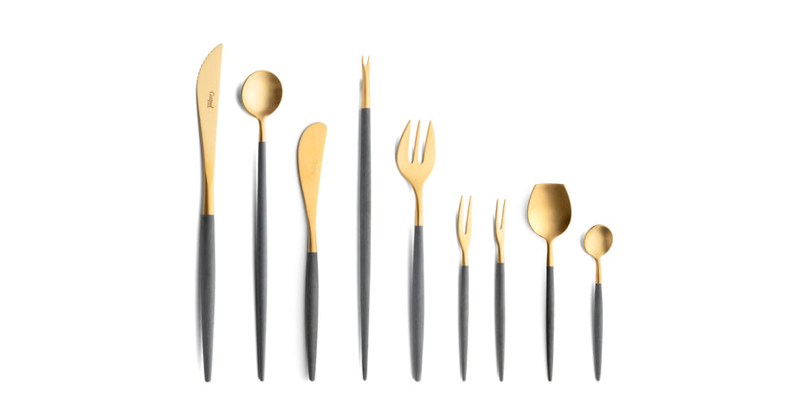 Cutipol Goa grey matt celadon finish, black resin handles, and minimalist design for a luxurious dining experience - on a white background  9 pcs set