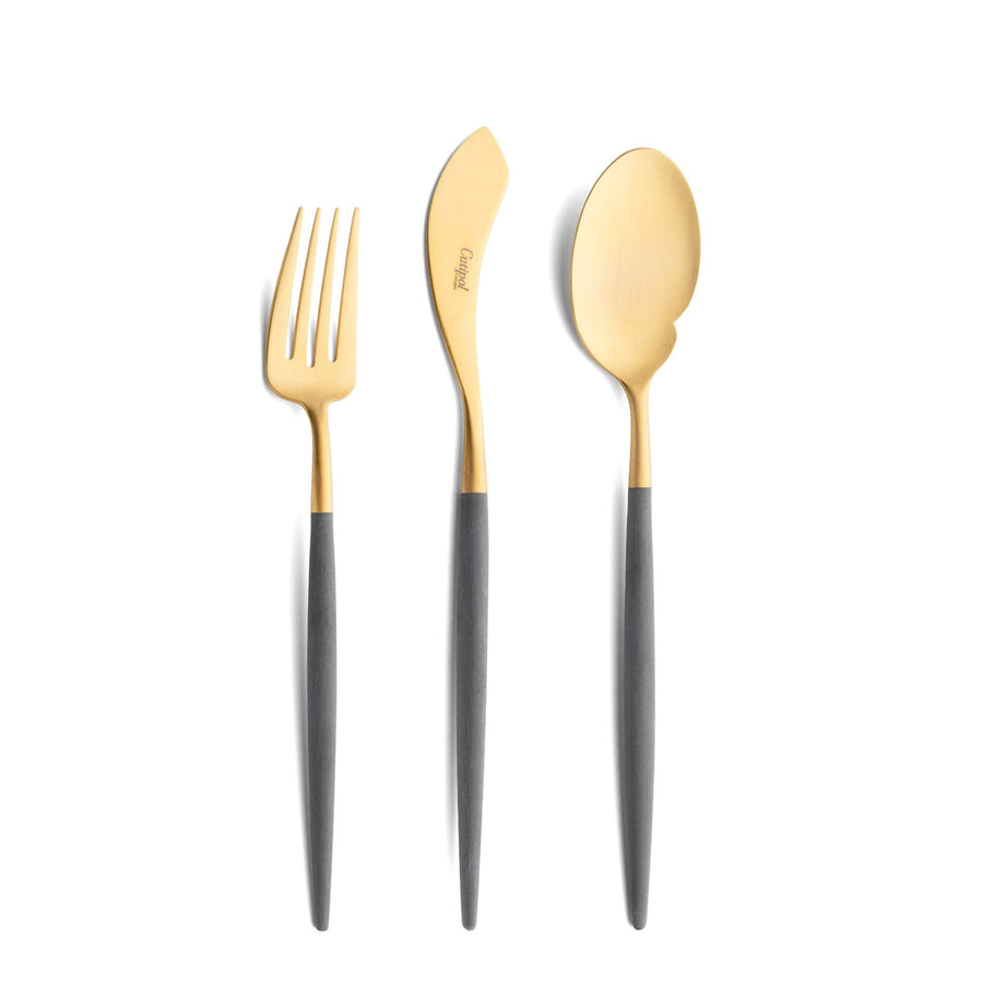 Cutipol Goa grey matt celadon finish, black resin handles, and minimalist design for a luxurious dining experience - on a white background  3pc servers set