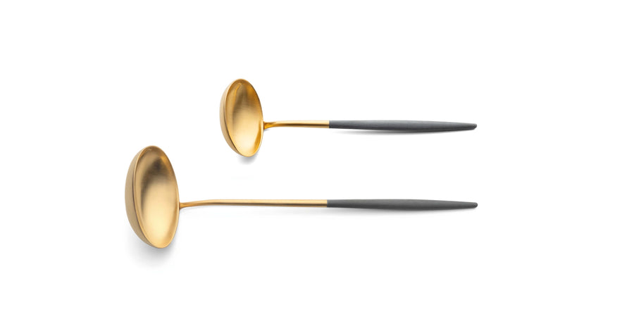 Cutipol Goa grey matt celadon finish, black resin handles, and minimalist design for a luxurious dining experience - on a white background  2pc spoon servers