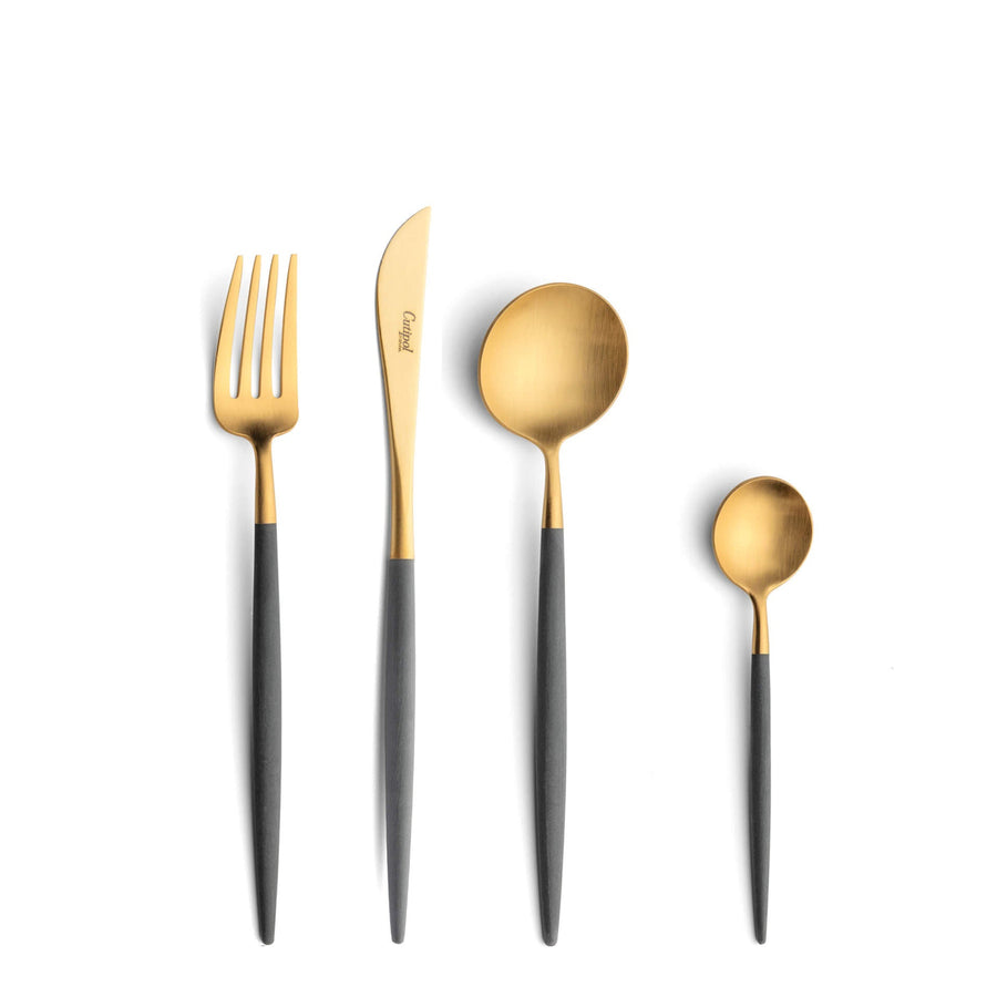 Cutipol Goa grey matt celadon finish, black resin handles, and minimalist design for a luxurious dining experience - on a white background 4pc set of table fork, knife, spoon, tea spoon