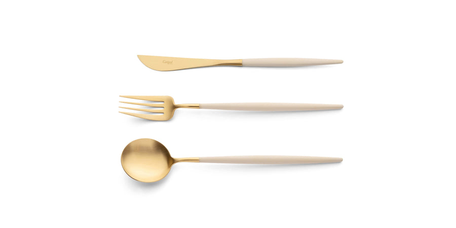 Cutipol Goa ivory matt celadon finish, black resin handles, and minimalist design for a luxurious dining experience - on a white background  3pc set of table spoon, knife and fork