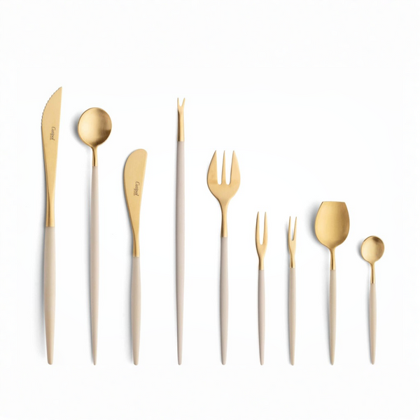 Cutipol Goa ivory matt celadon finish, black resin handles, and minimalist design for a luxurious dining experience - on a white background 9pc set