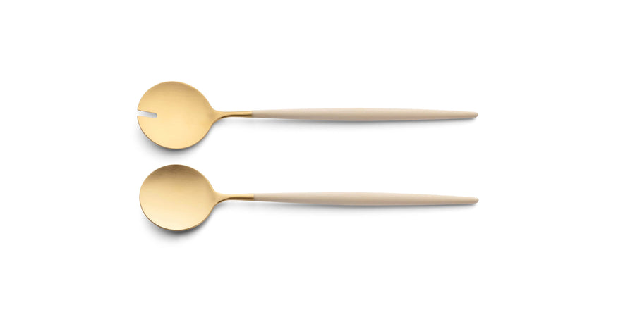 Cutipol Goa ivory matt celadon finish, black resin handles, and minimalist design for a luxurious dining experience - on a white background 2pc salad servers