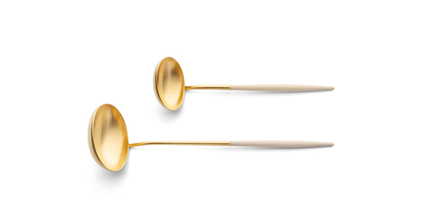 Cutipol Goa ivory matt celadon finish, black resin handles, and minimalist design for a luxurious dining experience - on a white background  2pc spoon servers