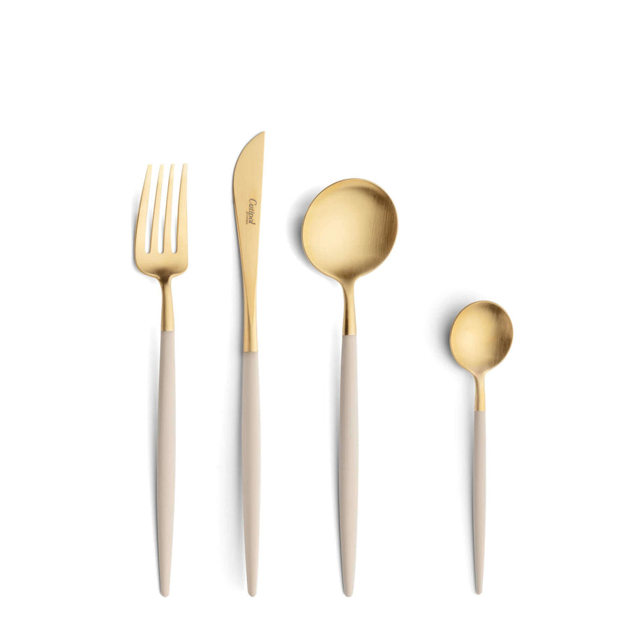 Cutipol Goa ivory matt celadon finish, black resin handles, and minimalist design for a luxurious dining experience - on a white background 4pc tablet set of spoon, knife, fork and tea spoon