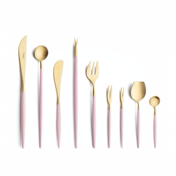 Cutipol Goa pink matt celadon finish, black resin handles, and minimalist design for a luxurious dining experience - on a white background 9pc set
