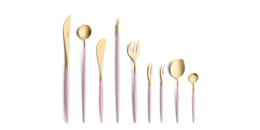 Cutipol Goa pink matt celadon finish, black resin handles, and minimalist design for a luxurious dining experience - on a white background 9pc set