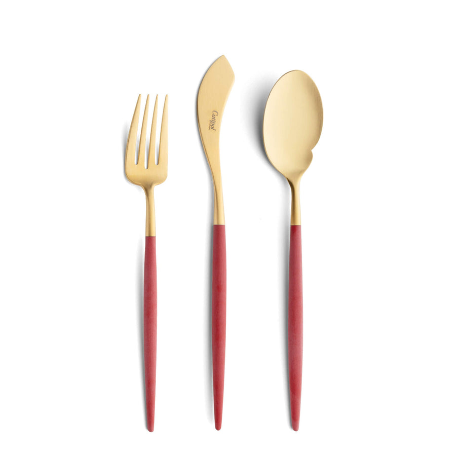 Cutipol Goa red matt gold finish, black resin handles, and minimalist design for a luxurious dining experience - on a white background 3pcs servers