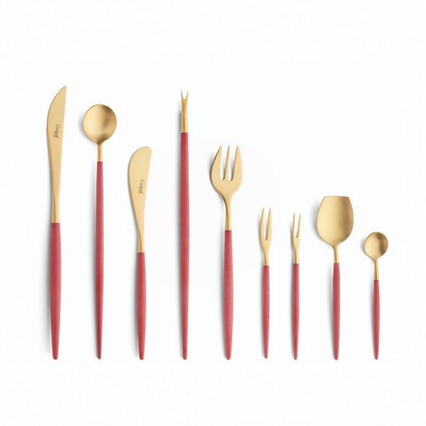 Cutipol Goa red matt gold finish, black resin handles, and minimalist design for a luxurious dining experience - on a white background 9pc set