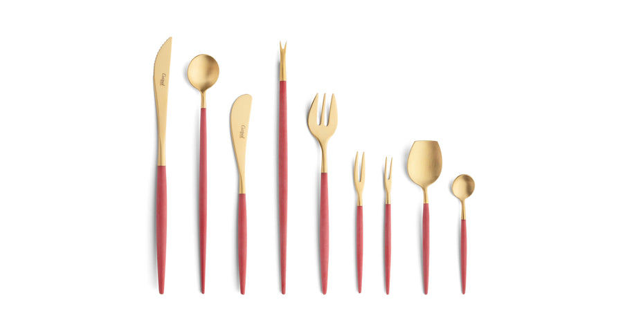 Cutipol Goa red matt gold finish, black resin handles, and minimalist design for a luxurious dining experience - on a white background 9pc set