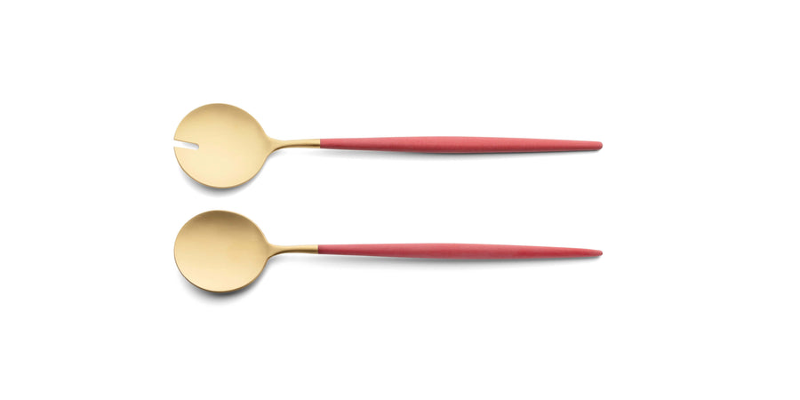 Cutipol Goa red matt gold finish, black resin handles, and minimalist design for a luxurious dining experience - on a white background 2pc Salad Servers