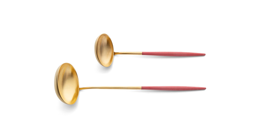 Cutipol Goa red matt gold finish, black resin handles, and minimalist design for a luxurious dining experience - on a white background 2 pc spoon servers