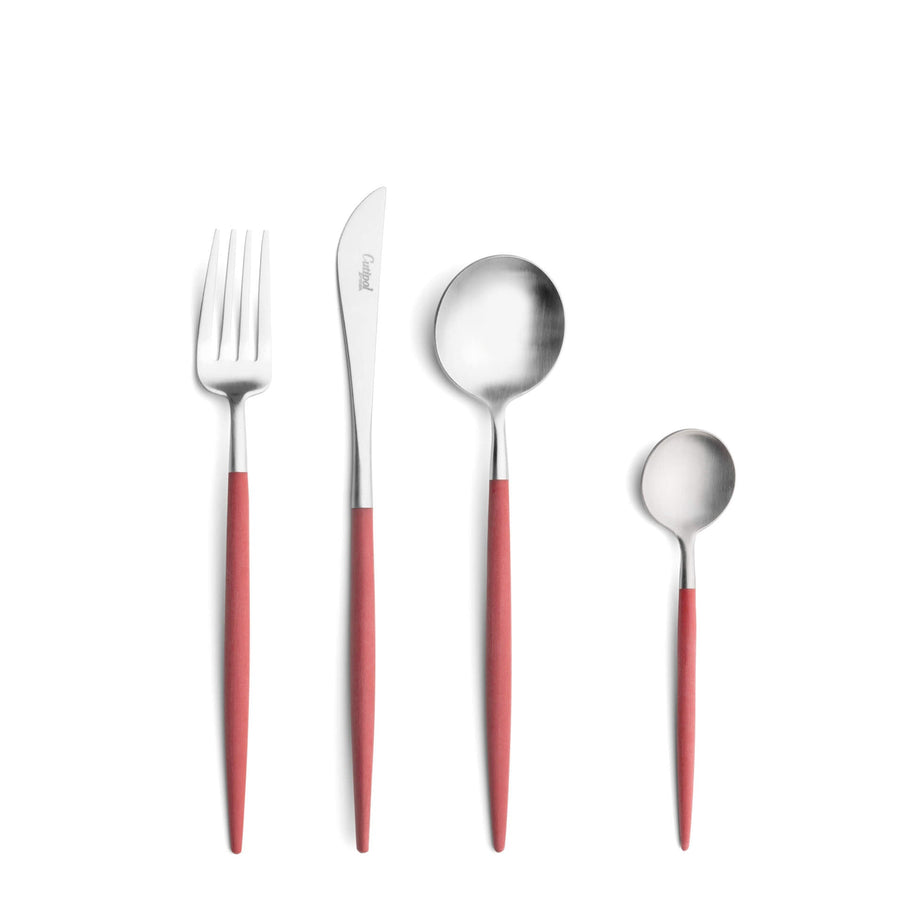 Cutipol Goa red matt stainless steel finish, black resin handles, and minimalist design for a luxurious dining experience -  4 pc table set fork, knife, spoon and tea spoon
