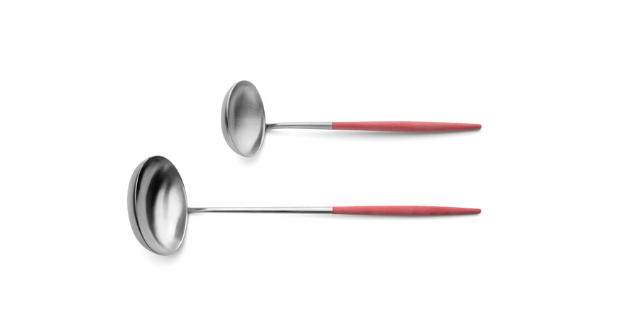 Cutipol Goa red matt stainless steel finish, black resin handles, and minimalist design for a luxurious dining experience -  two piece spoon servers