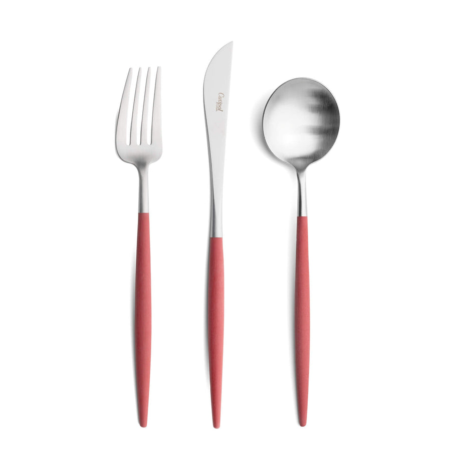 Cutipol Goa red matt stainless steel finish, black resin handles, and minimalist design for a luxurious dining experience -  three piece table serving is it