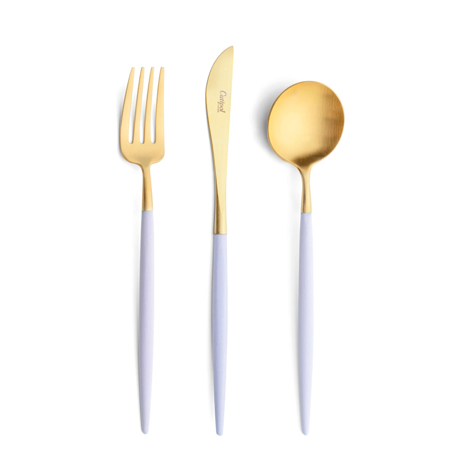Cutipol Goa violet matt gold finish, black resin handles, and minimalist design for a luxurious dining experience - on a white background 3pc table knife, spoon and fork set
