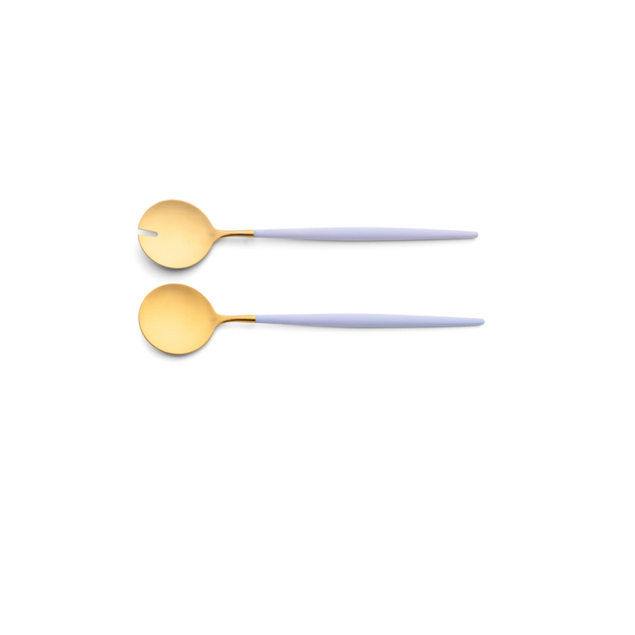 Cutipol Goa violet matt gold finish, black resin handles, and minimalist design for a luxurious dining experience - on a white background 2 pcs salad servers