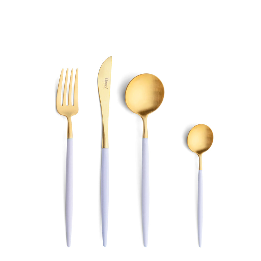 Cutipol Goa violet matt gold finish, black resin handles, and minimalist design for a luxurious dining experience - on a white background 4 pc table set of fork, knife, spoon and tea spoon