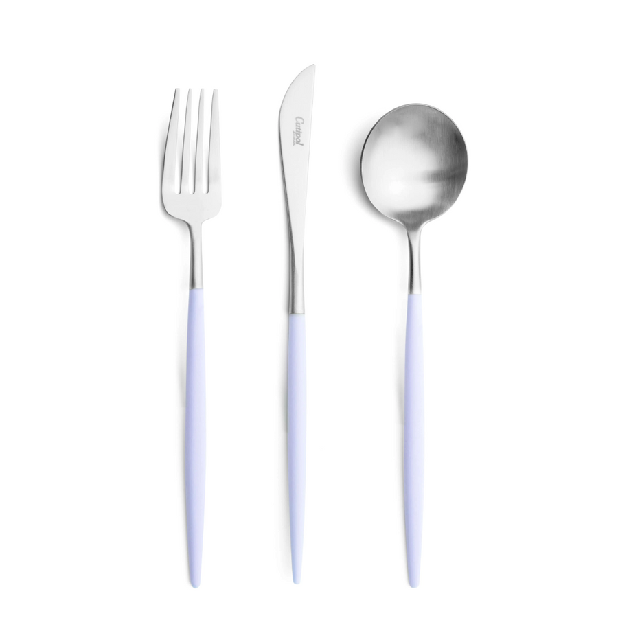 Cutipol Goa violet matt stainless steel finish, black resin handles, and minimalist design for a luxurious dining experience -  3pc Table spoon, knife and fork