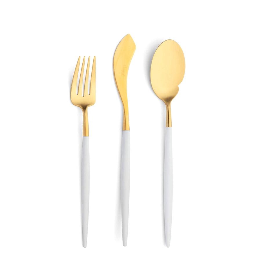 Cutipol Goa white matt gold finish, black resin handles, and minimalist design for a luxurious dining experience - on a white background  3pc servers